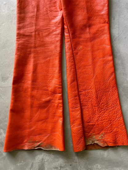 Orange Just Leather Flared Biker Pants - 60s/70s - 34"