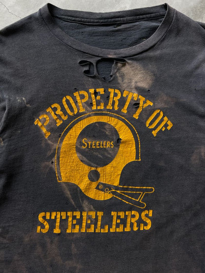 Sun Faded/Bleached & Ripped Black Steelers T-Shirt - 60s - M/L