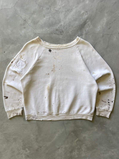 Painted/Distressed White Raglan Sweatshirt - 60s - S/M Boxy