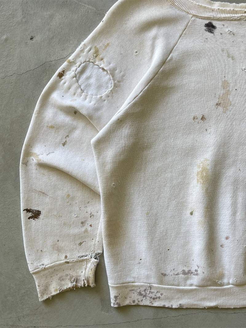 Painted/Distressed White Raglan Sweatshirt - 60s - S/M Boxy