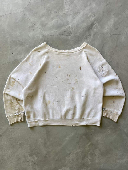 Painted/Distressed White Raglan Sweatshirt - 60s - S/M Boxy