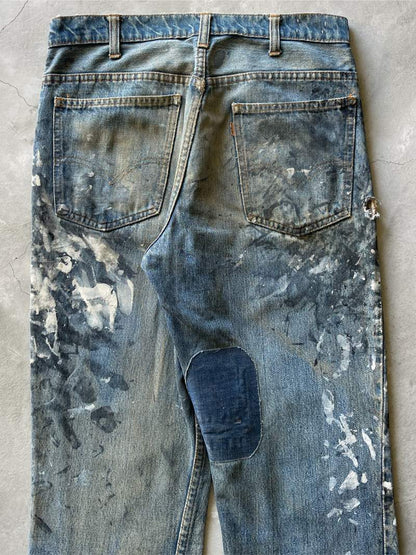 White/Black Painted Big E Levi's Orange Tab Flared Denim Jeans - 60s/70s - 32"