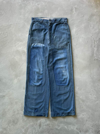 Denim Repaired Blue Chino Pants - 50s/60s - 34"