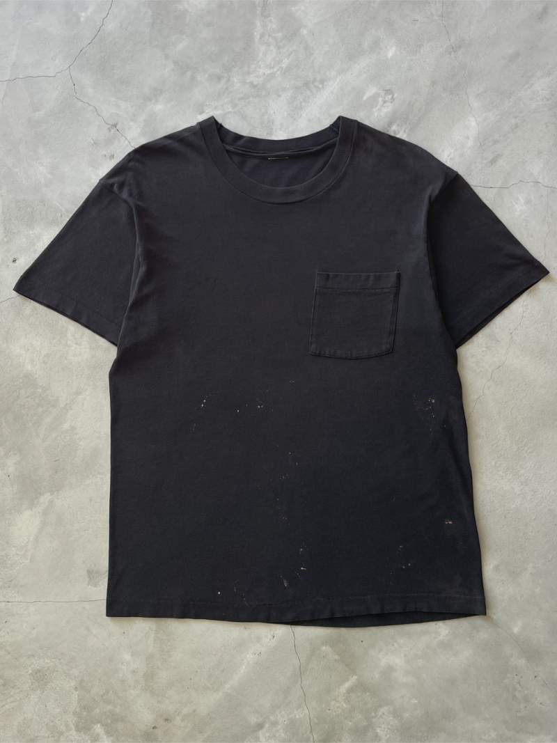 Bleach Stained Black Pocket T-Shirt - 90s - L/XL