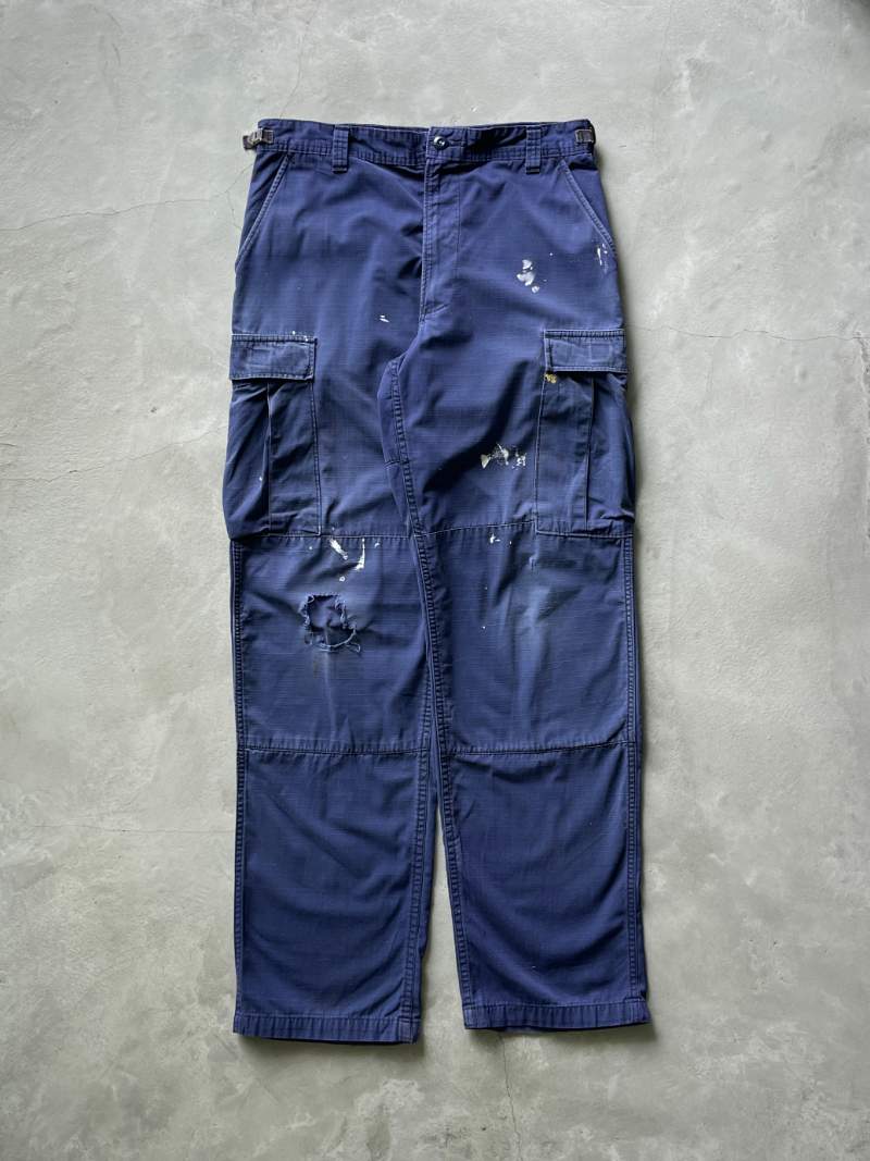 Sun Faded/Paint Splattered Blue Cargo Pants - 90s/00s - 34" adjustable
