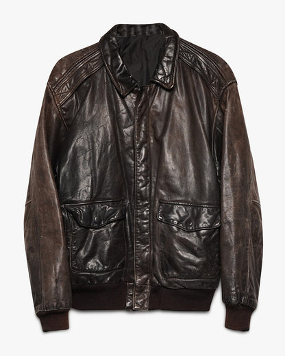 Dark Brown Leather Bomber Jacket