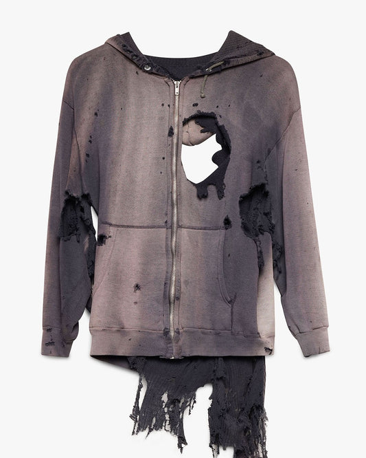 Destroyed Thermal Lined Navy Blue Zip-Up Hoodie